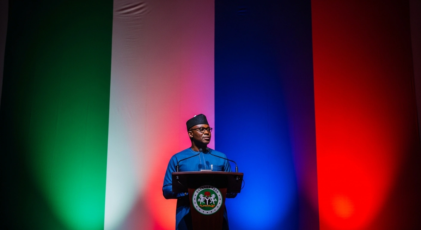 Adamawa State Governor Ahmadu Fintiri stands at a podium under a spotlight, with a banner behind him subtly transitioning from one party's colors to another, symbolizing his defection from the PDP to the APC with his cabinet, reshaping Nigeria's political landscape.