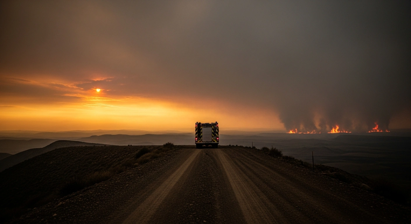 A fire engine sits on a remote ridge near the Colorado-Utah border as smoke from a wildfire fills the horizon following the tragic loss of three firefighters.