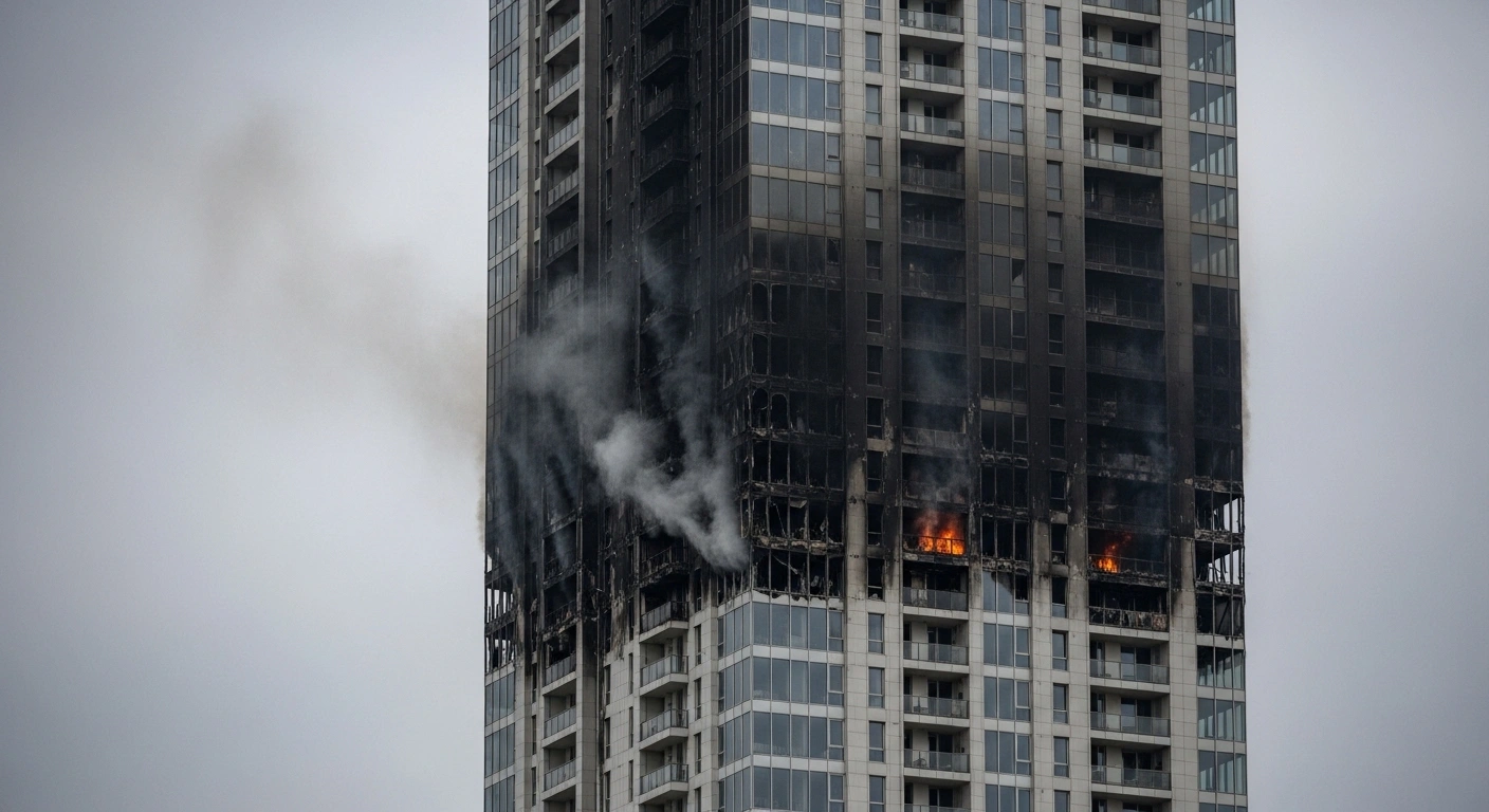 A low-angle shot captures the charred and smoke-stained facade of Afriland Towers in Lagos, after a devastating fire that claimed the lives of four FIRS staff and six United Capital Plc employees.