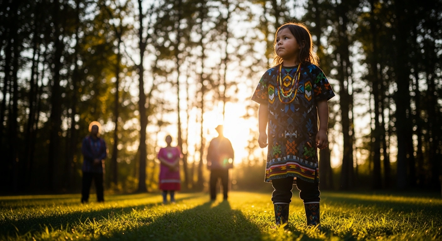 A young Indigenous child, wearing clothing with traditional patterns, stands in a sunlit forest clearing with community elders in the soft-focus background, representing the reform of the First Nations Child and Family Services program and the aim to keep children connected to their communities and culture.