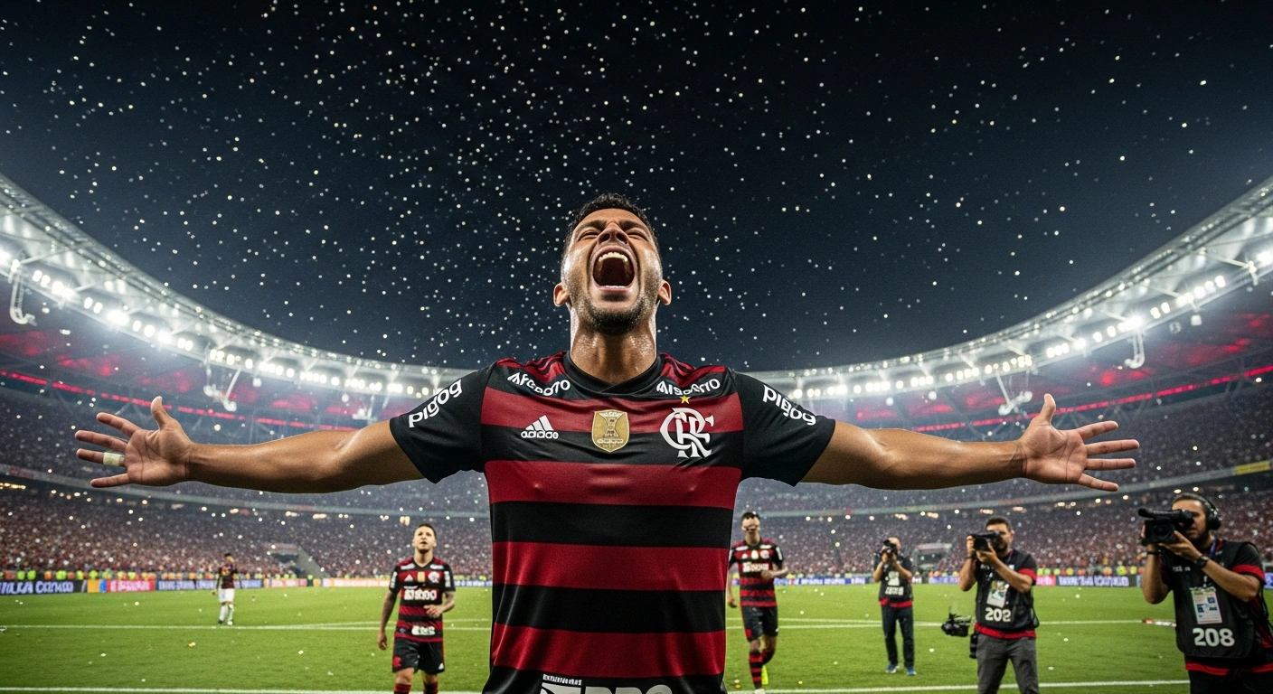 A Flamengo player celebrates intensely on the Maracanã pitch under stadium lights after winning the 2022 Copa do Brasil final against Corinthians in a penalty shootout.