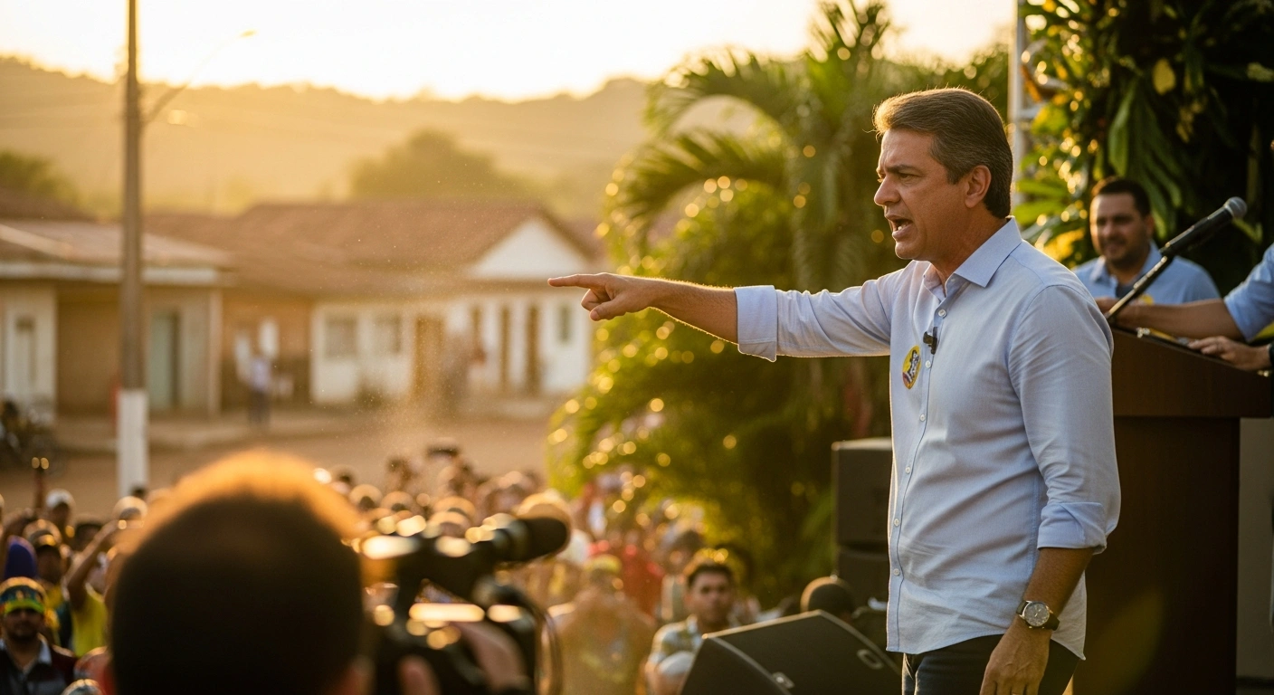 Senator Flávio Bolsonaro gestures to a crowd during a political campaign event in Northeast Brazil.