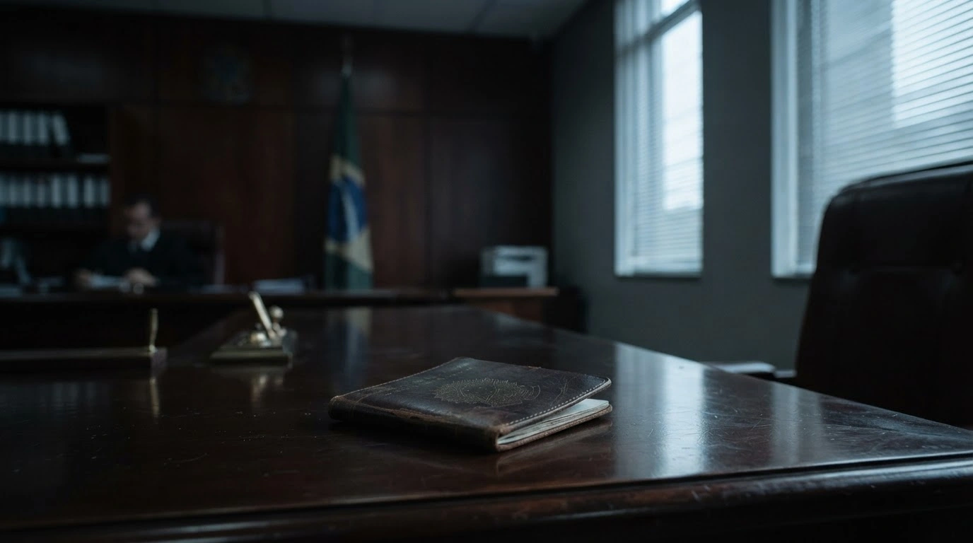 A Brazilian passport lies on a dark wooden desk as part of a legal investigation involving Senator Flavio Bolsonaro.