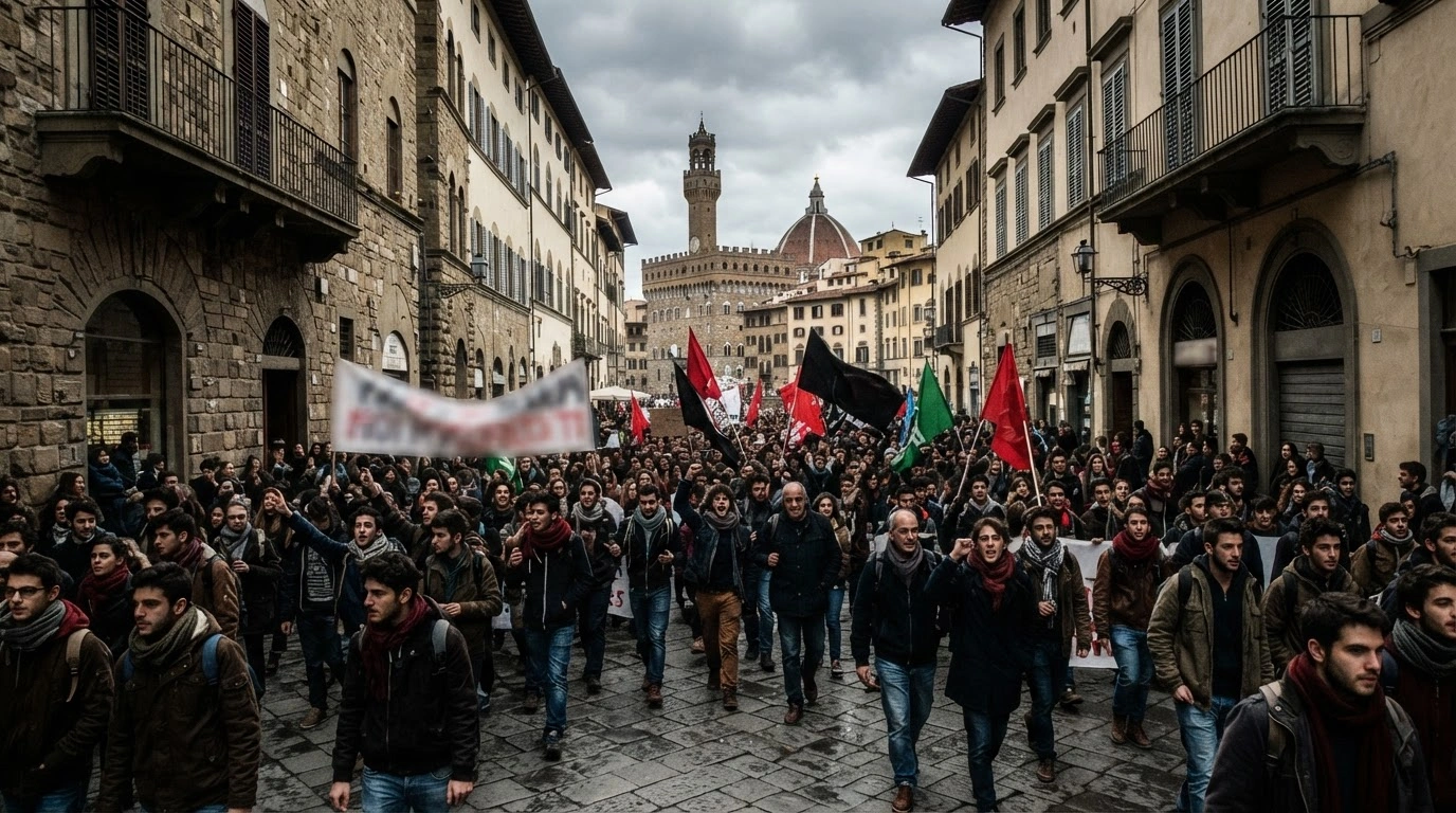 A large crowd of students and professors marches through the historic streets of Florence to protest Italian education policies.