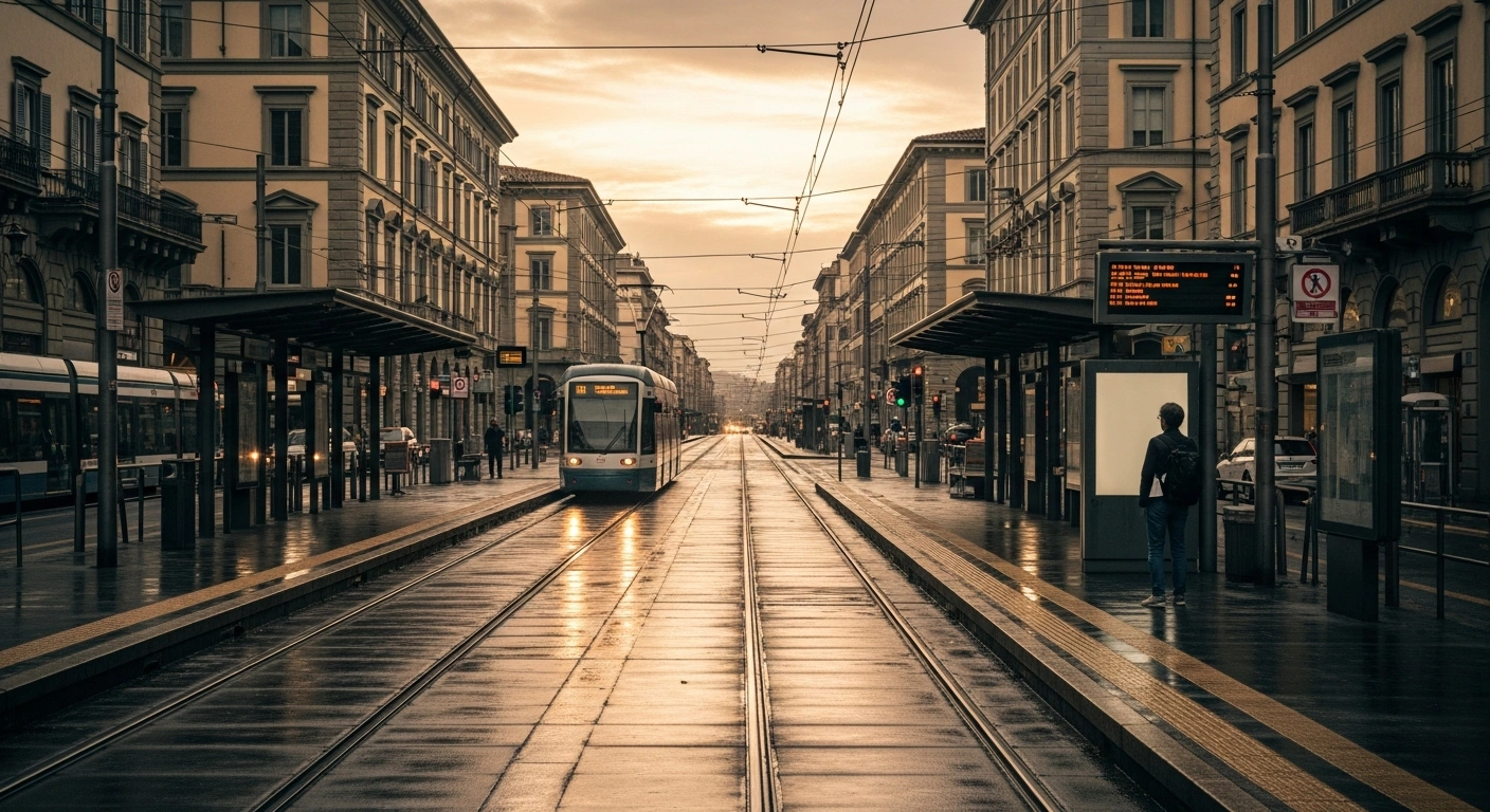 An empty tram station in Florence during a transport strike shows idle vehicles and a stranded commuter waiting on the platform.