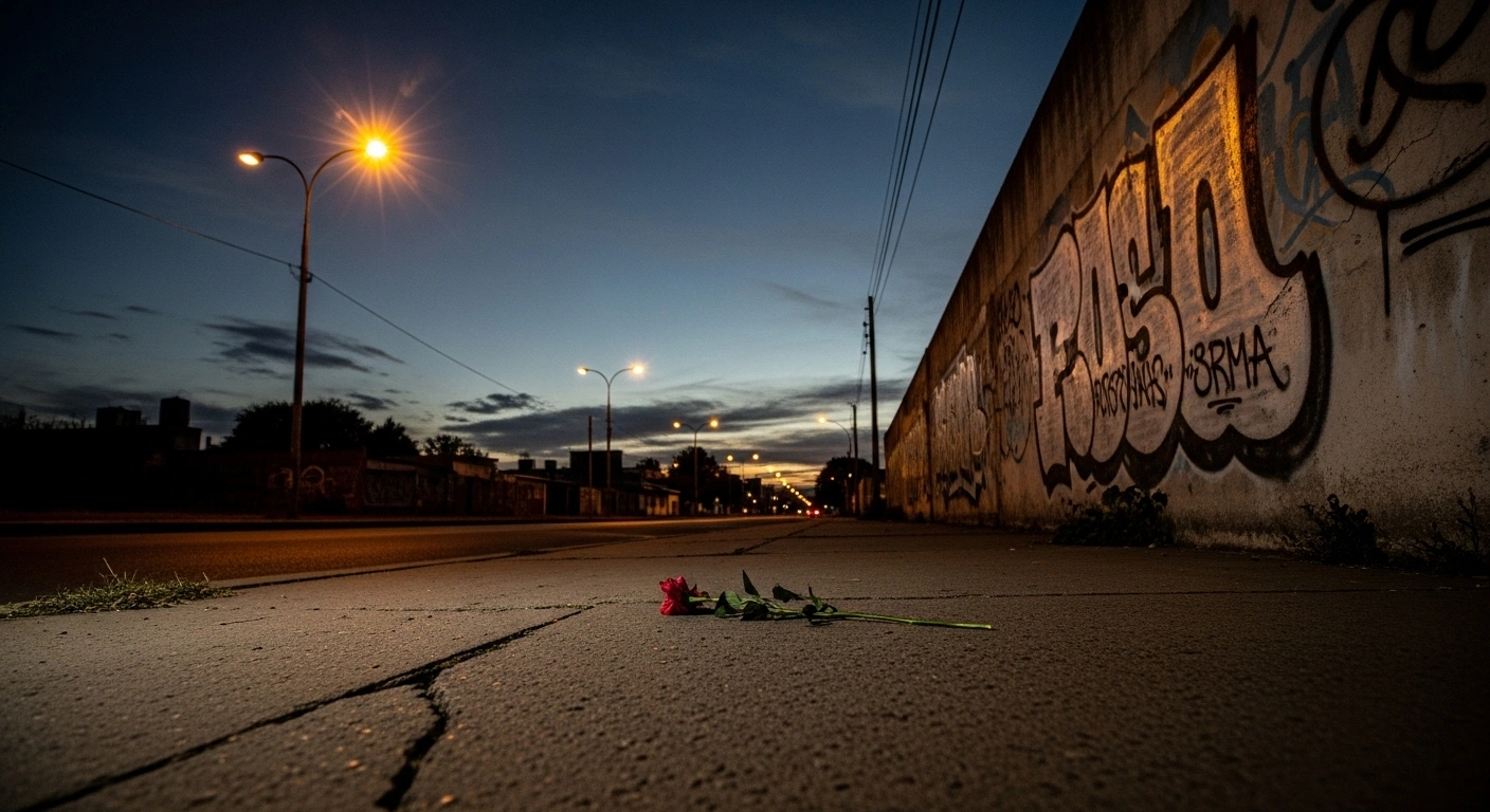 A desolate, graffiti-scarred concrete wall under a bruised pre-dawn sky in Florencio Varela, Argentina, with a single wilting flower on cracked pavement, symbolizes the tragic murder of young women Brenda del Castillo, Morena Verdi, and Lara Gutiérrez, believed to be a drug trafficking revenge.