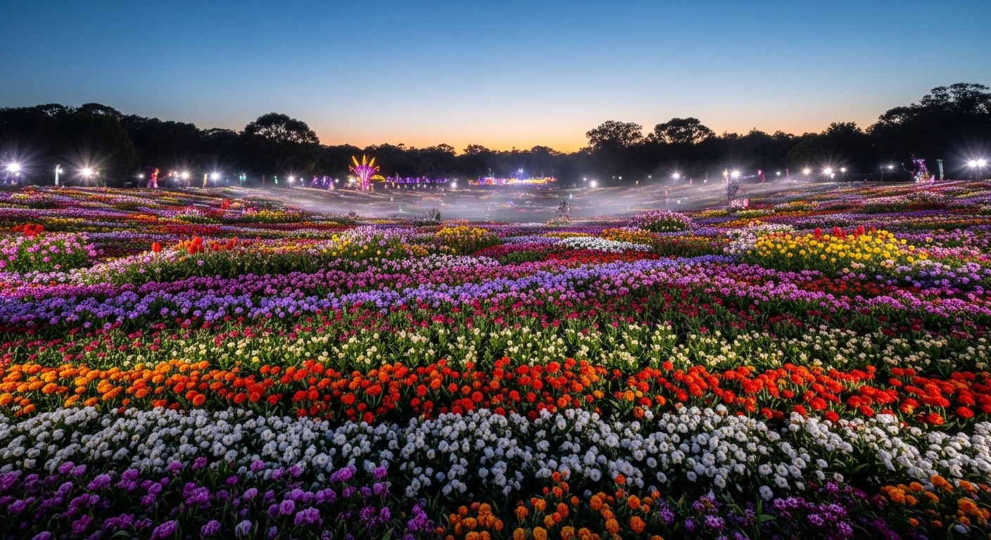 A wide, low-angle shot at dusk captures the vibrant, meticulously arranged spring blooms of Floriade in Canberra's Commonwealth Park, Australia's largest spring celebration, with millions of flowers illuminated by theatrical uplighting, a subtle mist, and distant twinkling lights, embodying the 'Science and Nature' theme and hinting at NightFest.
