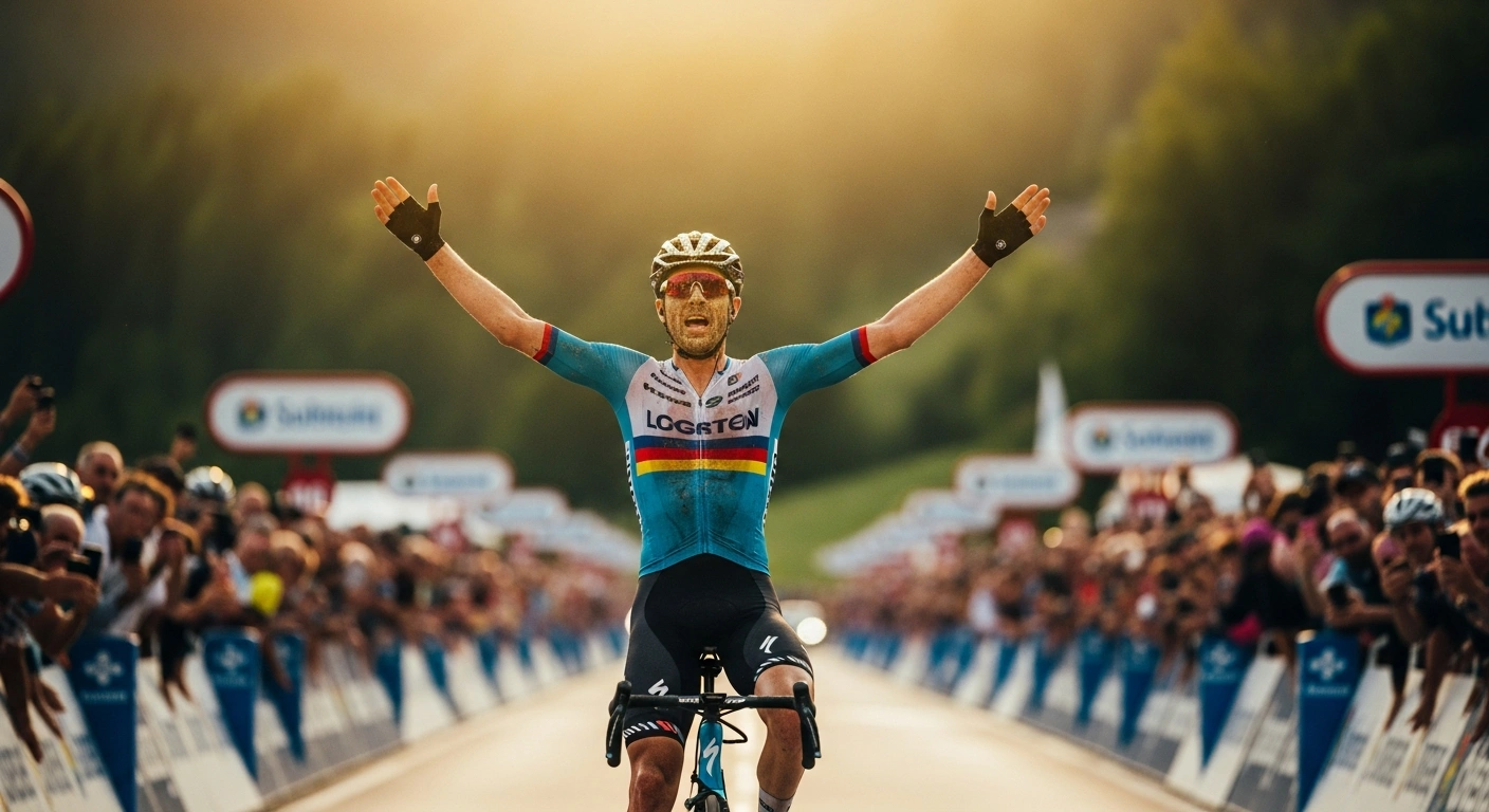 German cyclist Florian Lipowitz celebrates his victory at the finish line of the 2026 Tour of Slovenia.