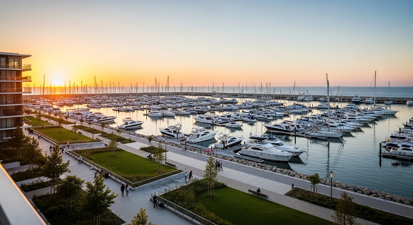 An aerial view at golden hour shows the modern Parque Urbano Marina Beira-Mar in Florianópolis, featuring hundreds of sleek boats docked in berths alongside extensive green urban parkland with people enjoying leisure activities, symbolizing the city's transformed relationship with the sea.