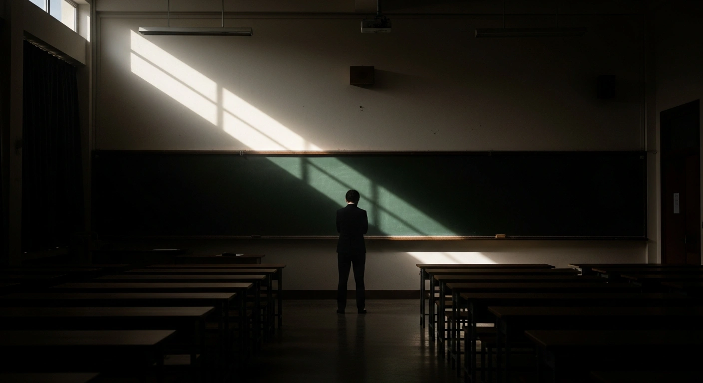 A lone, silhouetted figure, possibly a teacher, stands in a dimly lit classroom, illuminated by a single shaft of sunlight, representing the solemn task of teaching the history of communism and its dangers in Florida public schools, as new standards are approved by the State Board of Education.