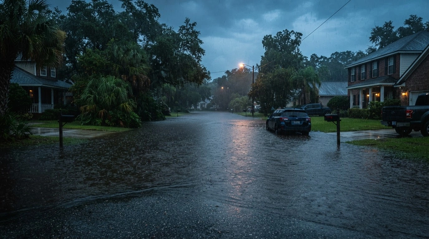 A flooded residential street in Florida experiences heavy rainfall during a National Weather Service flood watch.