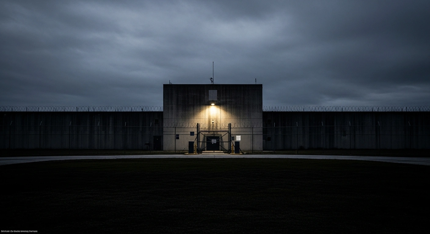 The exterior of the Florida State Prison stands under a dark, overcast sky following the execution of James Ernest Hitchcock for the 1976 murder of Cynthia Ann Thorpe.