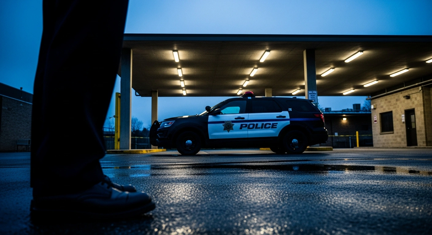 A Florida Highway Patrol vehicle is parked at a police station during an investigation into an alleged overtime fraud scheme involving troopers.