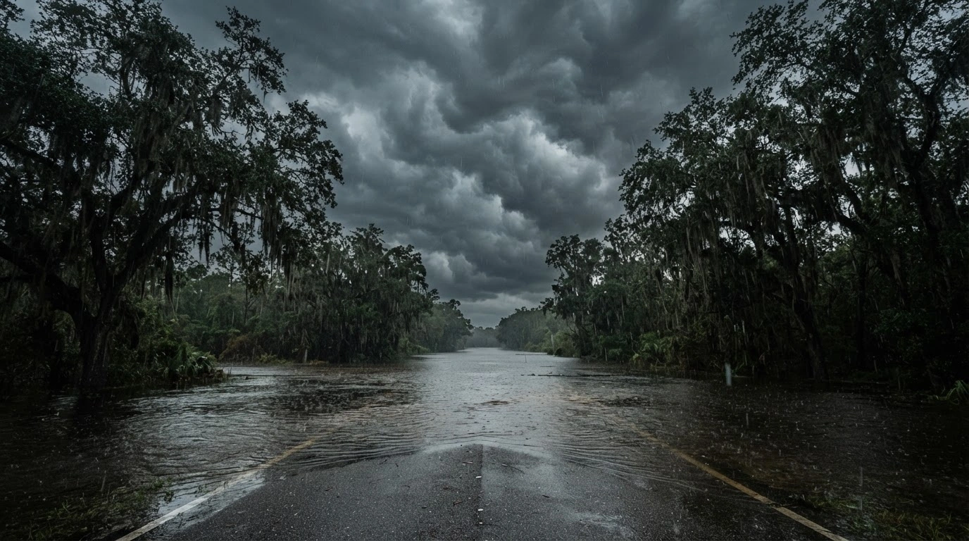 A flooded road in rural Florida under dark, stormy skies as Tropical Depression Nine approaches the region.