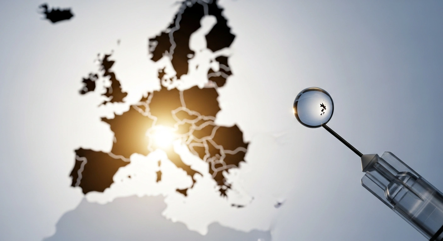 A close-up shot shows a shimmering droplet of vaccine liquid on a sterile needle, with a softly glowing, stylized map of Europe in the blurred background, symbolizing the confirmed effectiveness of the 2025/26 seasonal flu vaccination against the A(H3N2) virus across the EU/EEA by the ECDC.