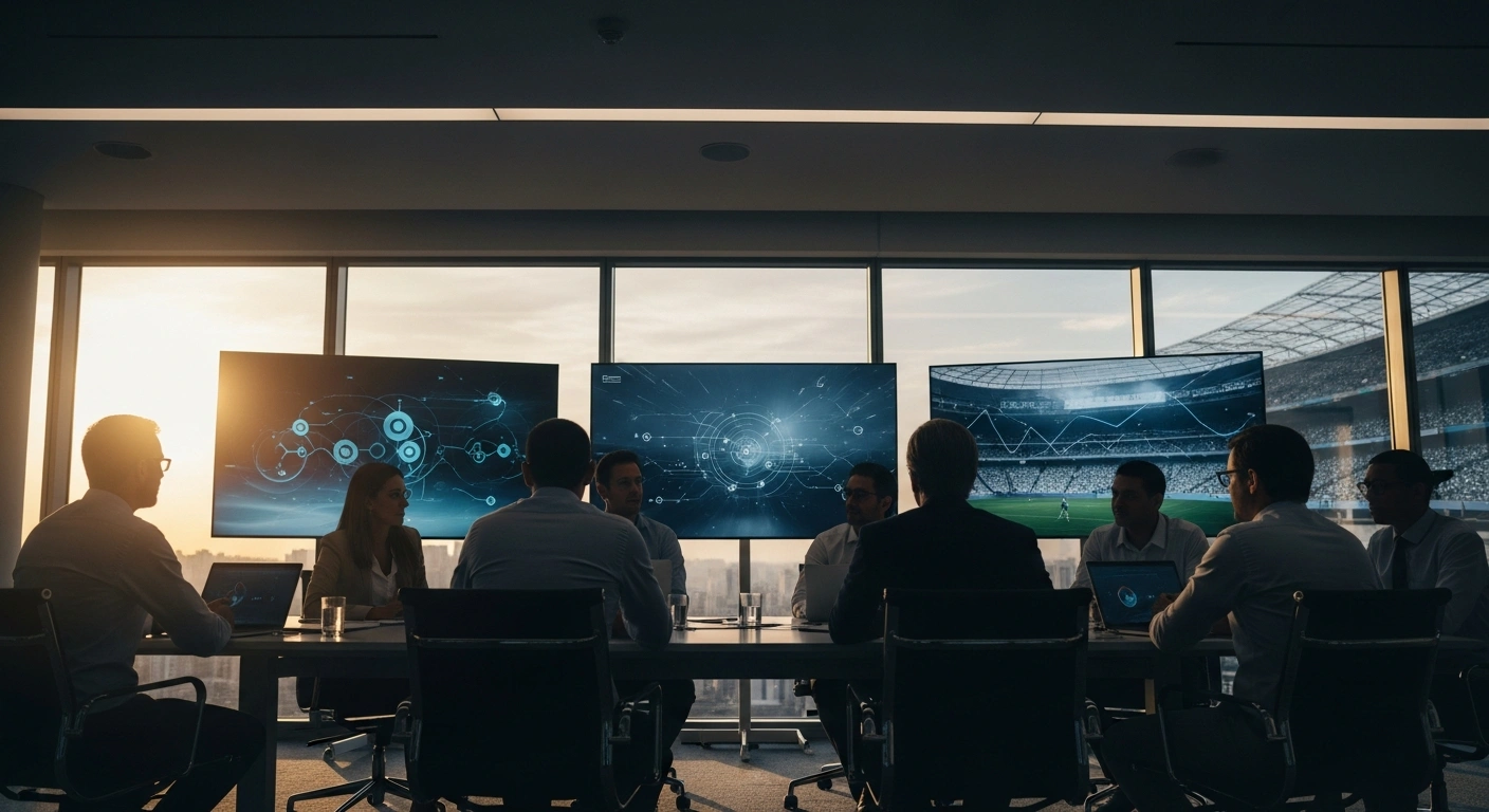 A diverse team of executives collaborates in a modern boardroom, bathed in golden light, symbolizing Flutter Brazil's strategic restructuring of its PR operations with Giusti Comunicação and Sherlock Communications to strengthen its presence in Brazil's regulated betting market ahead of the 2026 FIFA World Cup.
