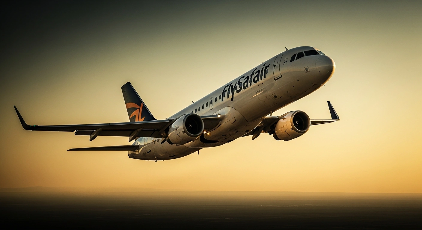 A FlySafair passenger airplane flies through the sky as the airline implements a temporary fuel surcharge due to rising global oil costs.