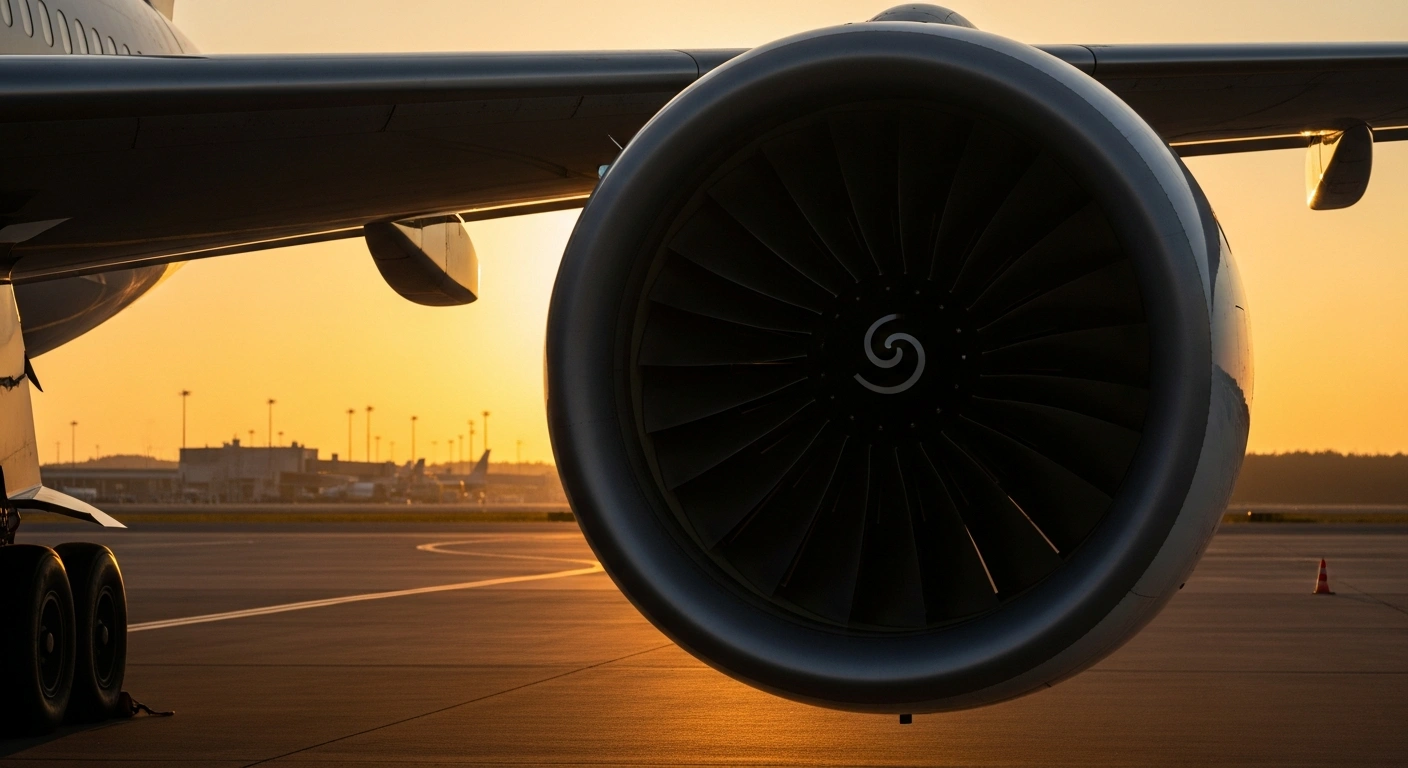 A close-up view of a commercial airplane engine on a runway representing the rising fuel costs impacting FlySafair ticket prices.