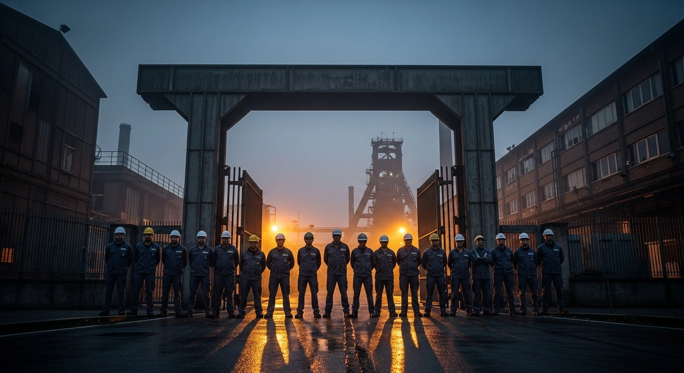Industrial workers protest outside the Fonderie Pisano foundry in Salerno, Italy, to demand clarity on the plant's green conversion project.