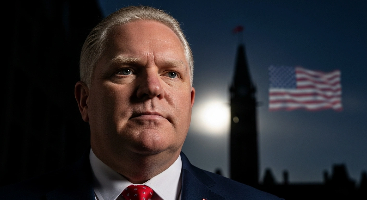 A dramatic, low-angle close-up shot of Ontario Premier Doug Ford, his jaw set and eyes narrowed, conveying unwavering resolve, with the blurred Canadian Parliament building and a subtle, abstract American flag silhouette in the background, symbolizing the ongoing U.S.-Canada trade disputes and his public demand for an apology from U.S. Ambassador Pete Hoekstra.
