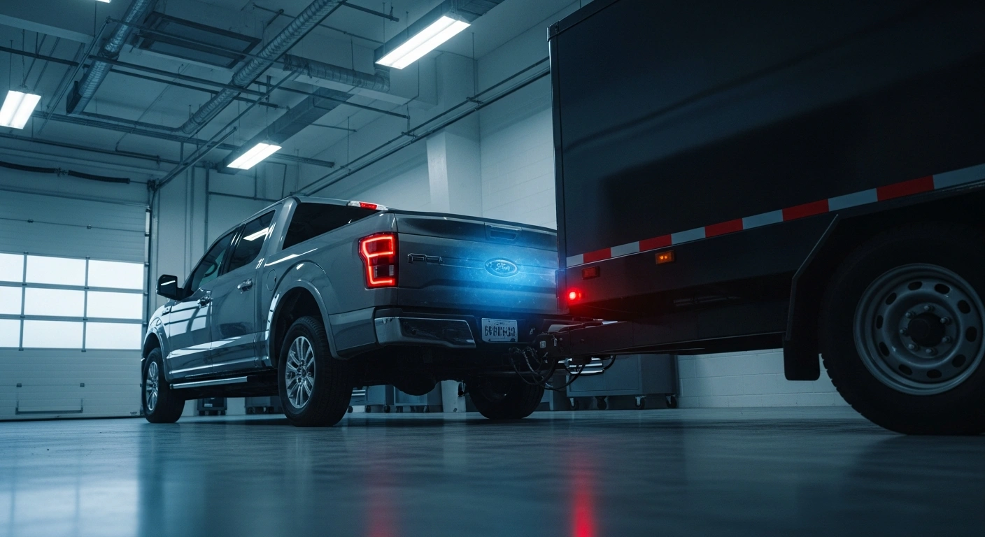 A Ford F-150 truck with a trailer attached is parked in a modern service bay, with a blue glow from its dashboard indicating an over-the-air software update to fix a recall issue affecting trailer brakes and exterior lights.