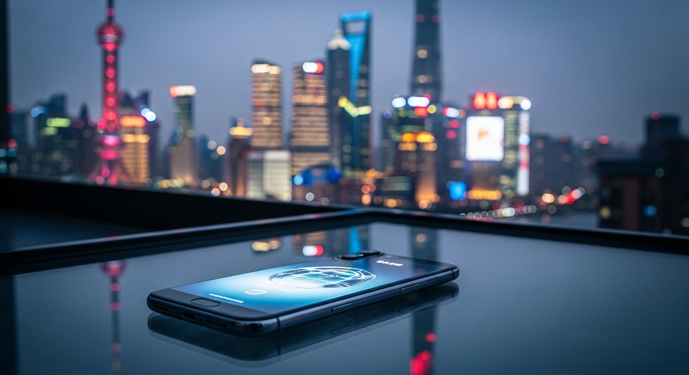 A premium foreign-branded smartphone sits on a reflective surface in a Chinese city, representing the surge in international mobile shipments despite market trends.