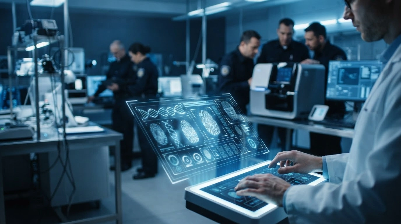 Law enforcement officials examine advanced forensic technology and investigative equipment at a public security expo.