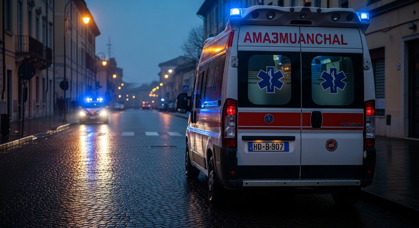 A parked ambulance sits on a dark, rain-covered street in Forlì, Italy, as police investigate a suspect accused of murdering elderly patients during medical transfers.