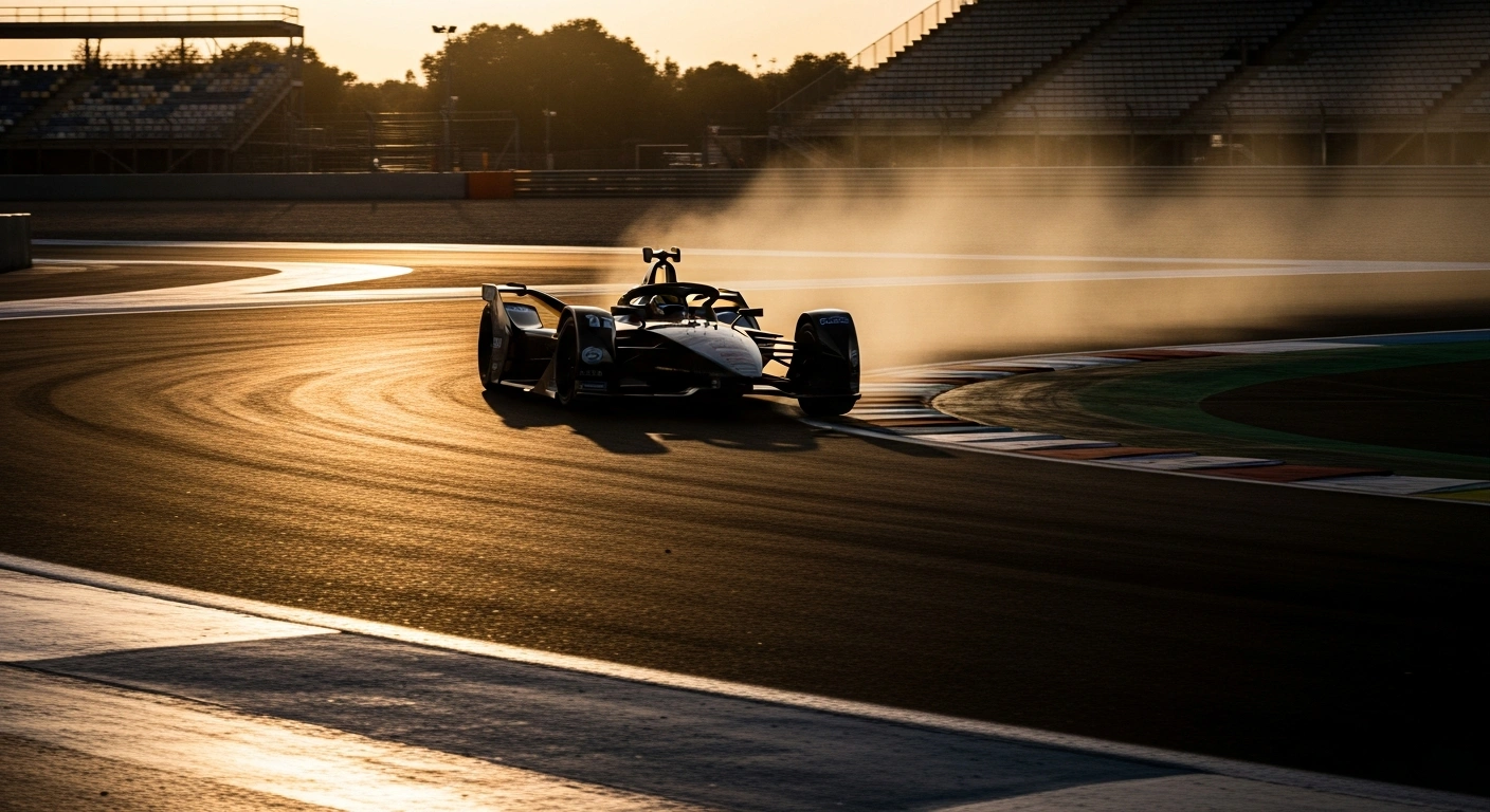 A sleek Formula E race car speeds around a corner at the historic Circuito del Jarama in Madrid, Spain.