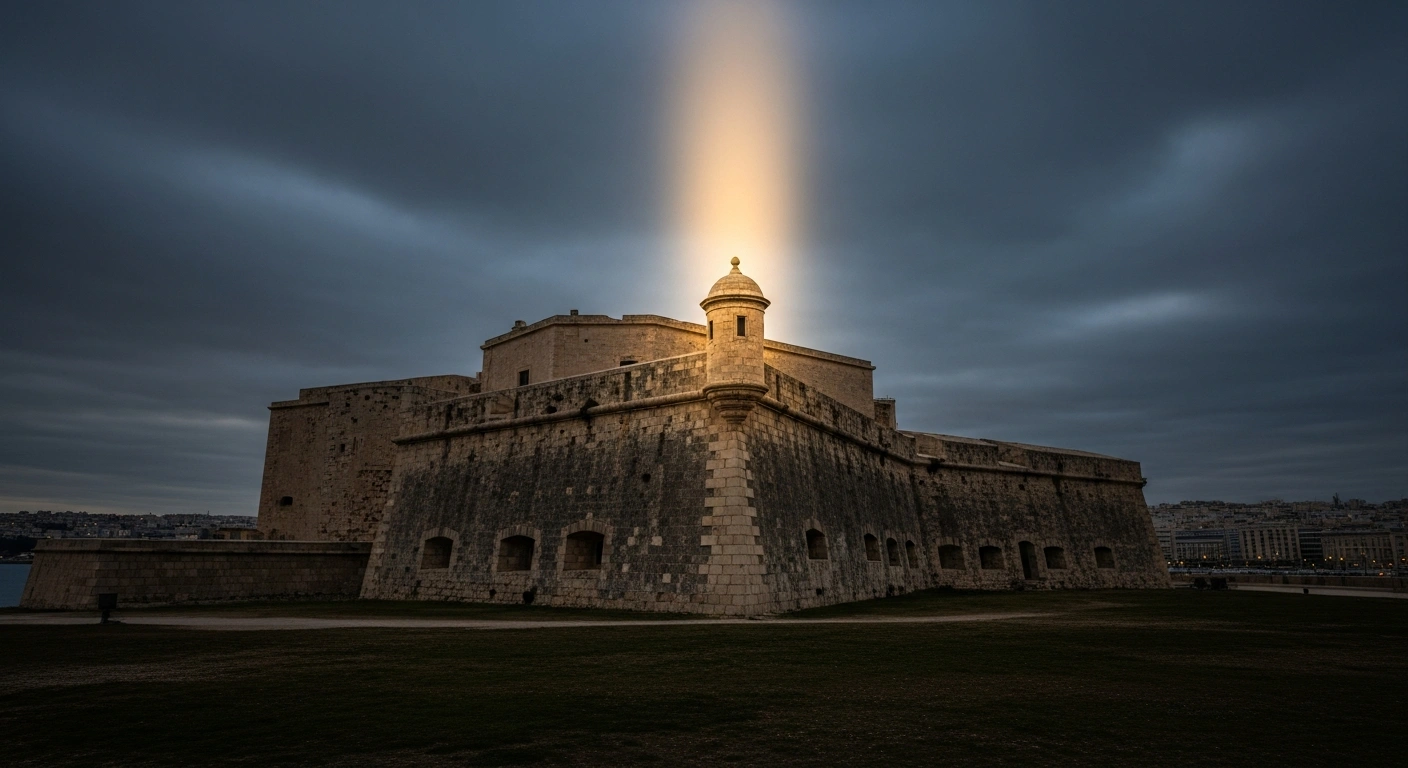 A low-angle photograph of the historic Fort Tigné in Malta at twilight, with a single beam of golden light highlighting a turret, symbolizing the political debate over its potential privatization and the call for the government to buy it back for €2.5 million.