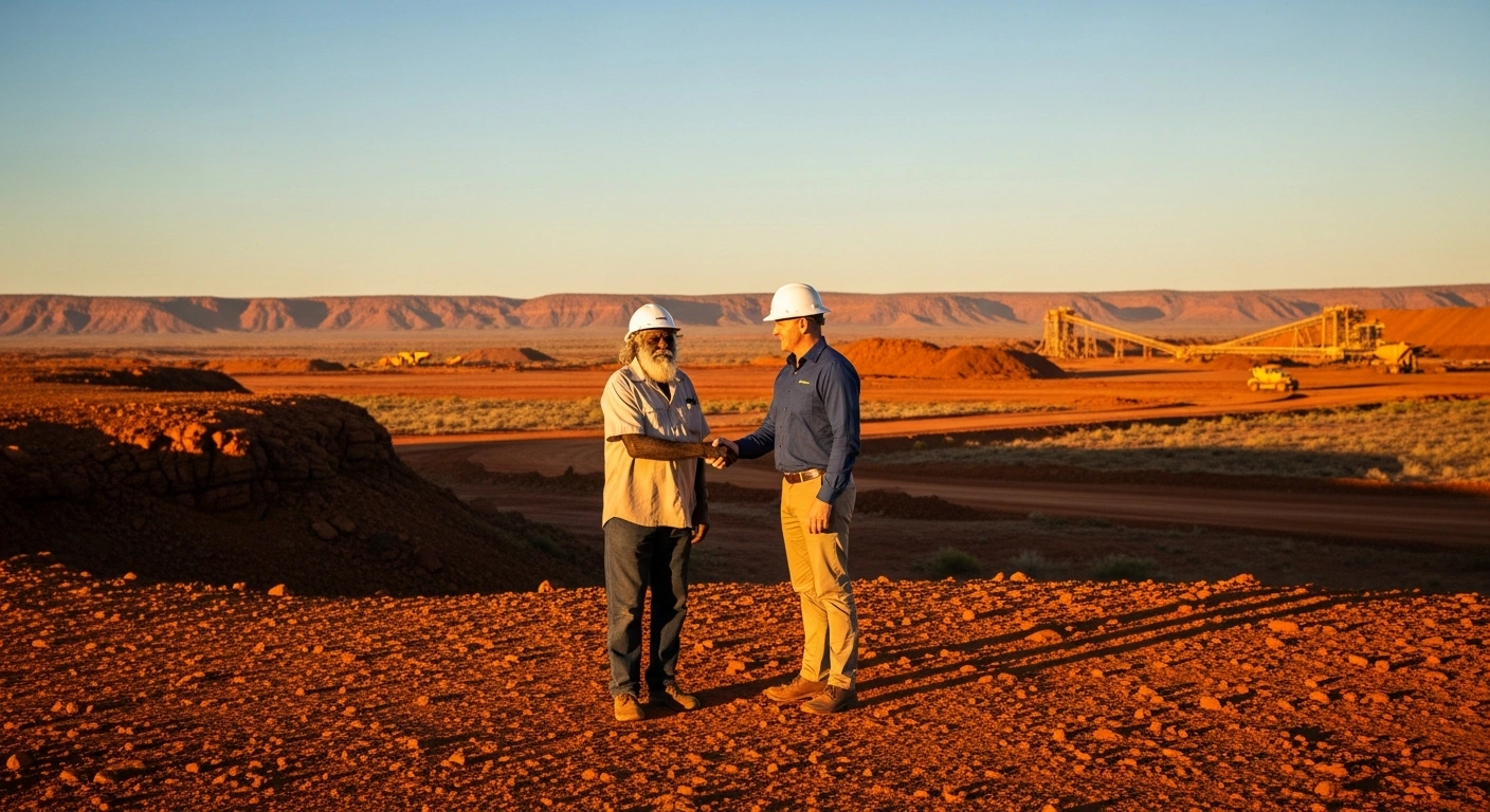 A representative from Fortescue Metals Group and a member of the Puutu Kunti Kurrama and Pinikura people shake hands on traditional lands in Western Australia to signify a new co-management agreement.
