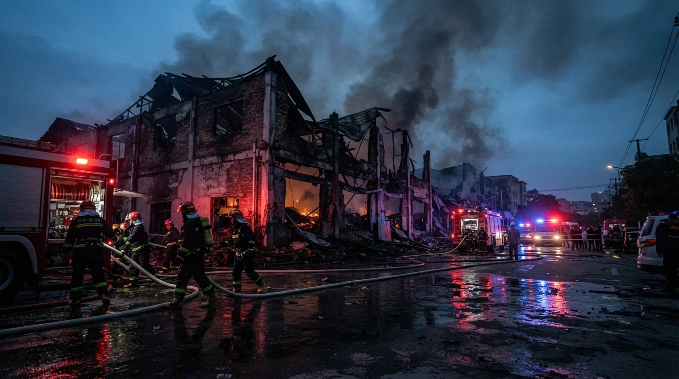 Emergency responders work at the site of a devastating fire at a textile factory in the Shunde district of Foshan, China.