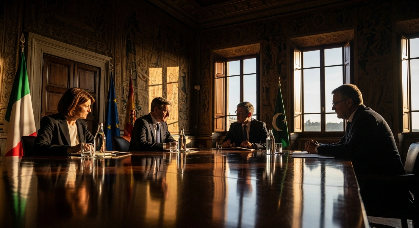 Four ministers representing Italy, Spain, Greece, and Pakistan are seated around a polished conference table in a sunlit, grand room in Rome, engaged in discussions about establishing legal migration pathways, combating irregular flows, and enhancing cooperation against human smuggling networks.