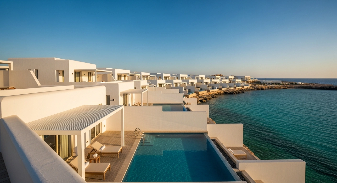 The Four Seasons Resort and Residences on Shura Island features luxury sustainable architecture overlooking the clear blue waters of the Red Sea in Saudi Arabia.