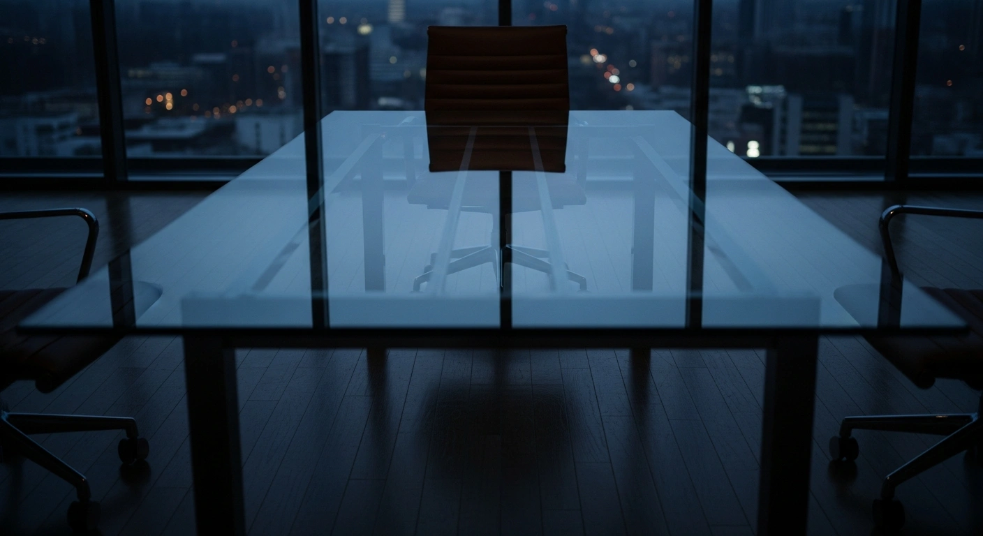A dimly lit, empty corporate boardroom table represents the lack of an official acquisition deal between Fox Corporation and Roku.