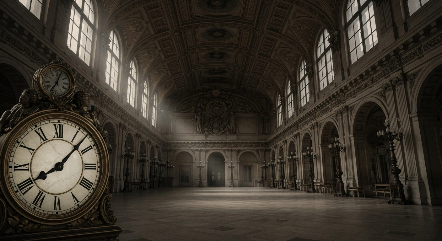 A dimly lit, grand hall with a large, ornate clock frozen at midnight, symbolizing France's entry into 2026 without an agreed-upon national budget and reflecting concerns about the nation's deficit and economic stability after lawmakers failed to reach a compromise.