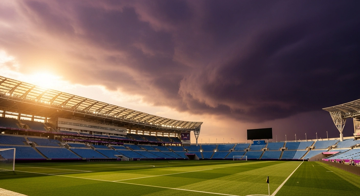 A grand football stadium, illuminated by golden sunlight, is overshadowed by a dark, looming storm cloud on the horizon, representing the geopolitical tensions impacting France's commitment to the 2026 FIFA World Cup despite US President Donald Trump's recent threats.