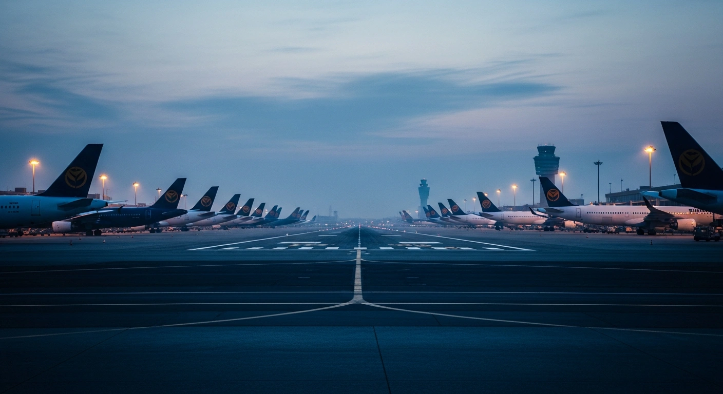 A row of commercial airplanes sits grounded on an airport tarmac during a nationwide air traffic controller strike in France.