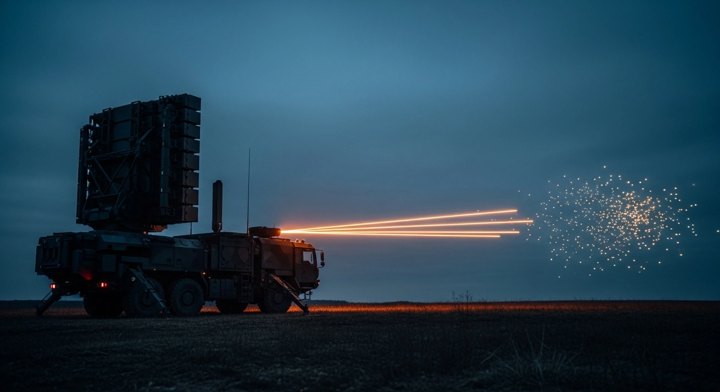 A French military radar system tracks and intercepts a swarm of small unmanned aerial vehicles in a field during a twilight military exercise.