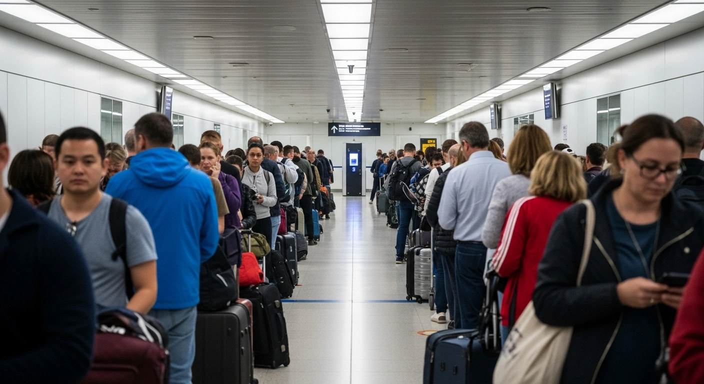 A wide, low-angle shot depicts a very long queue of weary travelers with luggage snaking through a brightly lit airport terminal, with a distant biometric scanner station, illustrating potential four-hour border delays in France due to the new EU Entry/Exit System.