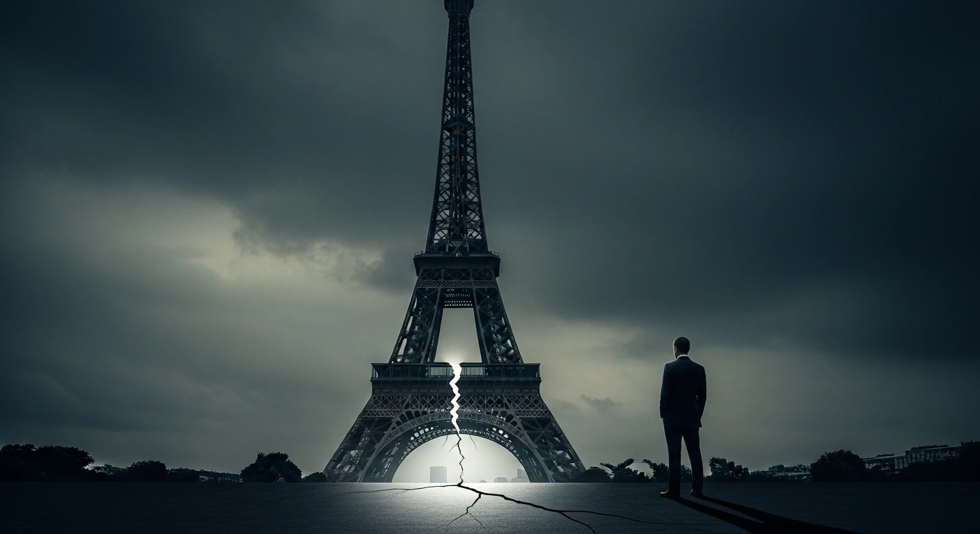 A dramatic wide shot shows the Eiffel Tower at dusk, illuminated by a stark spotlight revealing a crack at its base, as a lone, sharply dressed figure observes the precarious scene, symbolizing the warning from a European Central Bank policymaker about France's budget deficit.