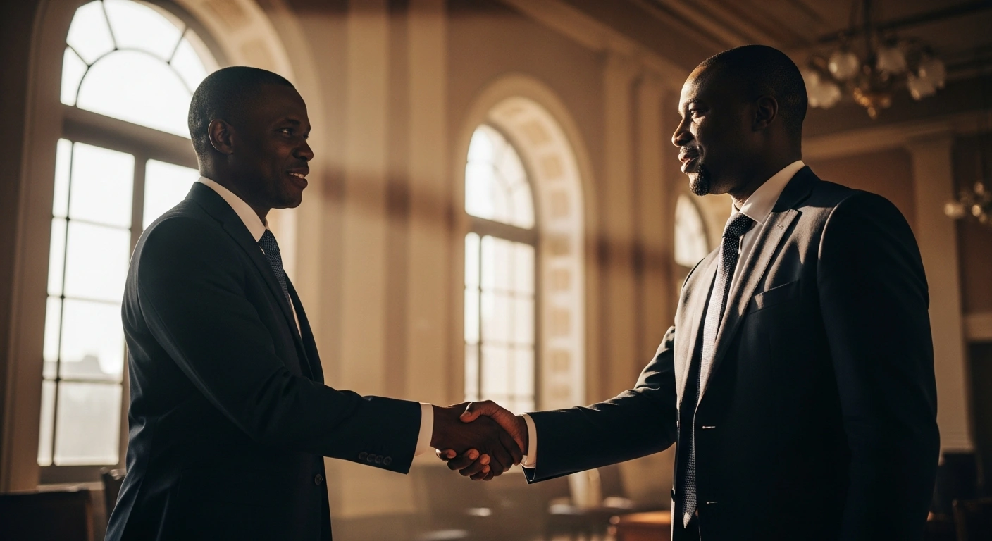 French Foreign Minister Jean-Noël Barrot shakes hands with a Central African Republic official to mark the restoration of diplomatic relations in Bangui.