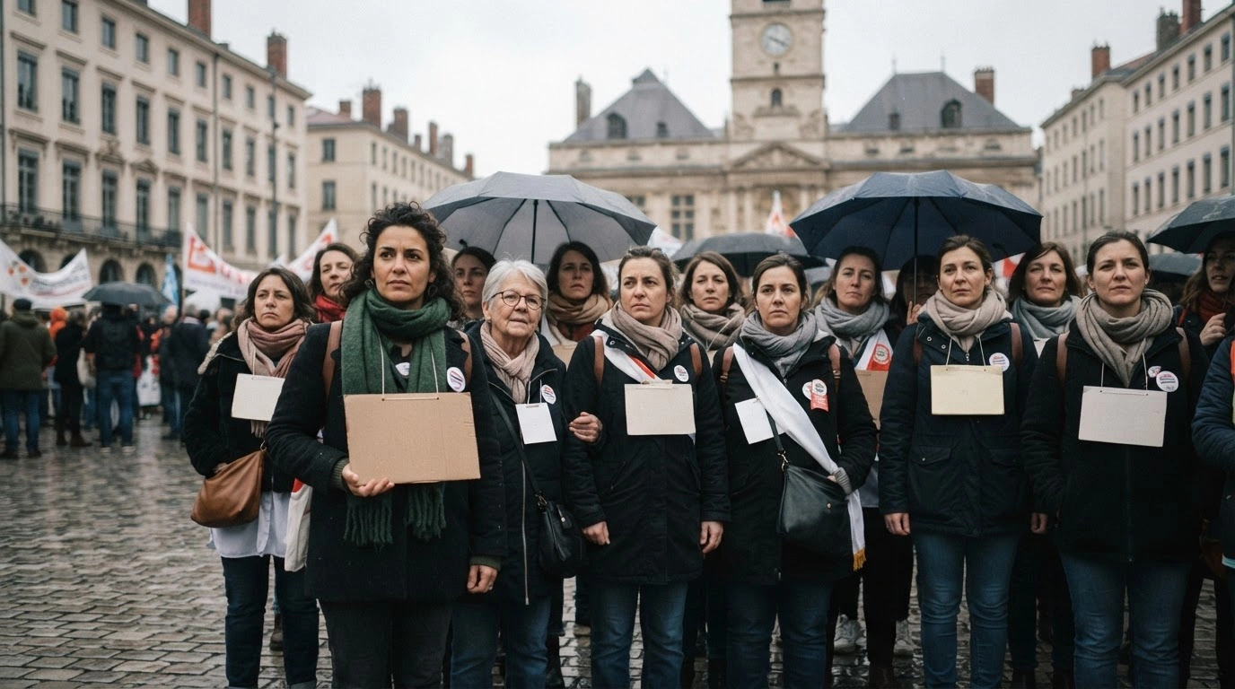 French childcare workers gather in a public square to protest for better working conditions and increased funding for early childhood education.
