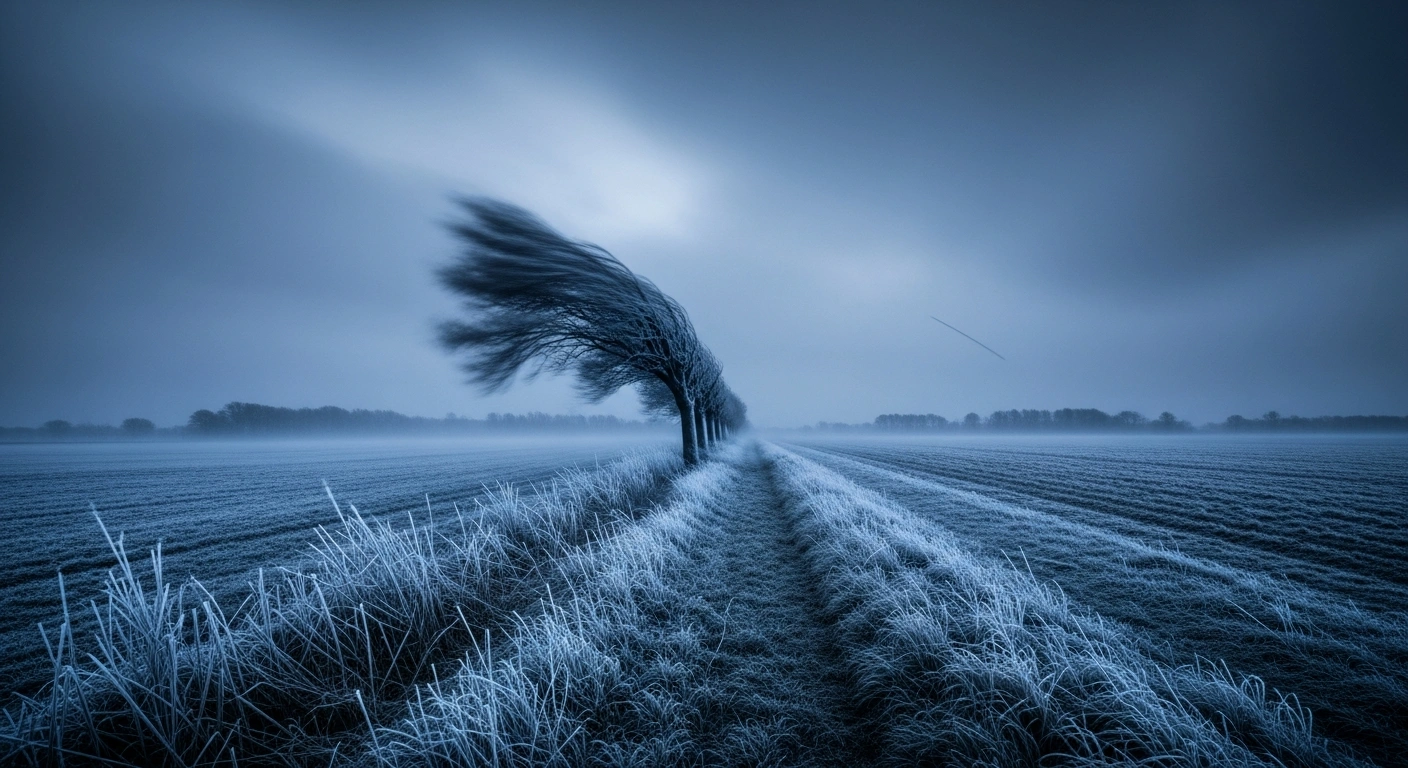 A stormy French landscape experiences high winds and freezing temperatures as a cold front moves across the country during the Ascension weekend.