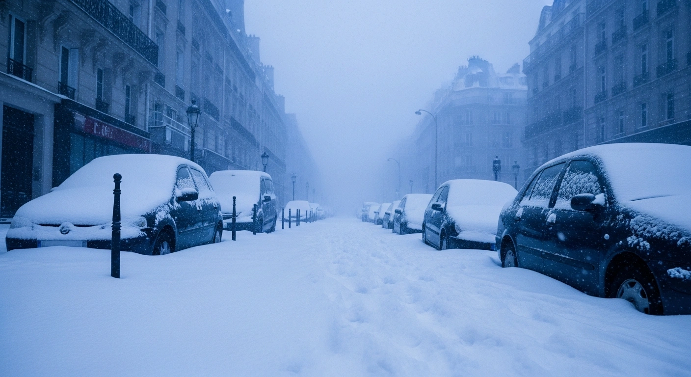 A wide, low-angle shot of a desolate, snow-covered Parisian street at dawn, with abandoned vehicles partially buried in thick snow, depicting the severe cold snap and heavy snowfall that caused widespread travel disruptions and deaths across France, particularly in the Île-de-France region.