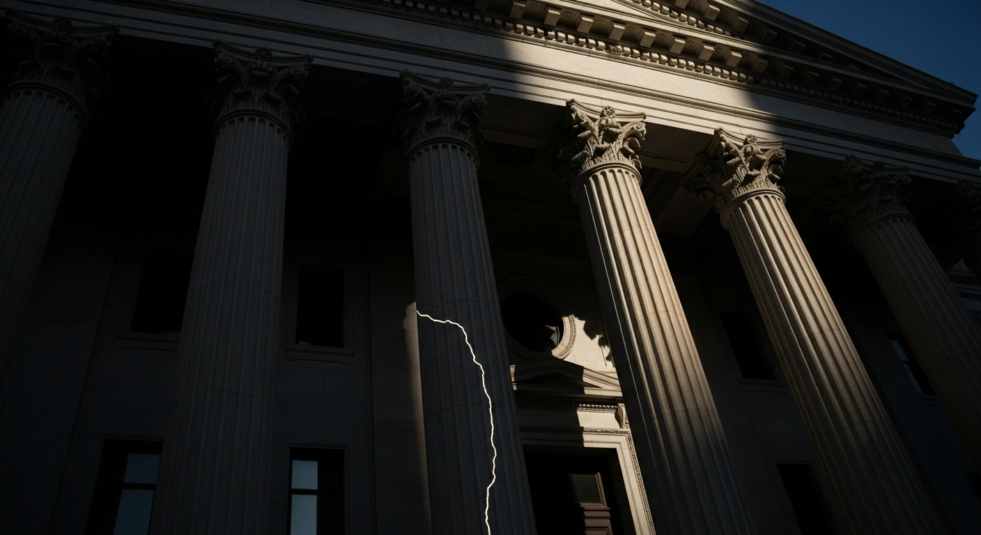 A low-angle, dramatic shot of a classical courthouse facade with a subtle crack in a stone column, symbolizing the strain on judicial independence following the United States' sanctions on International Criminal Court judges, which France has strongly condemned.