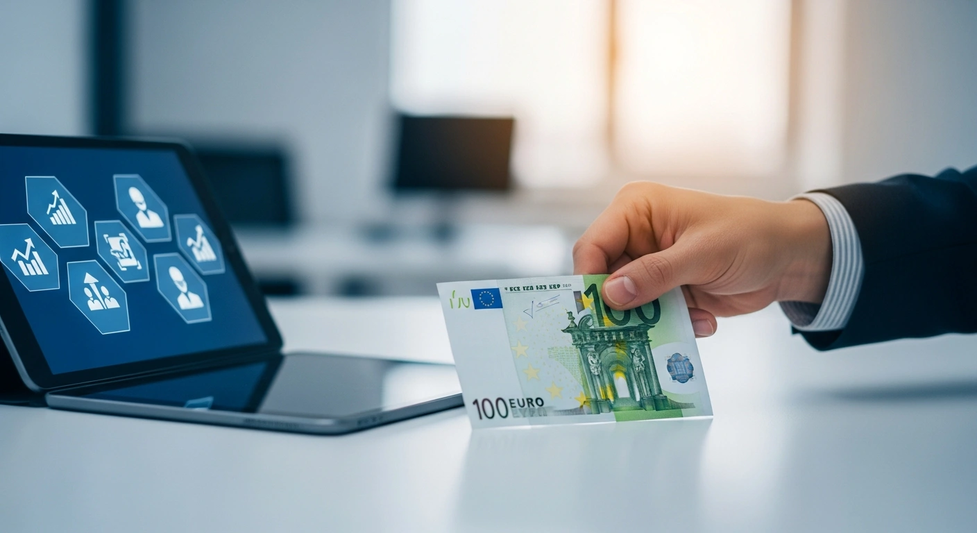 A person places a one-hundred euro banknote on a desk to pay the mandatory fee for French CPF vocational training.