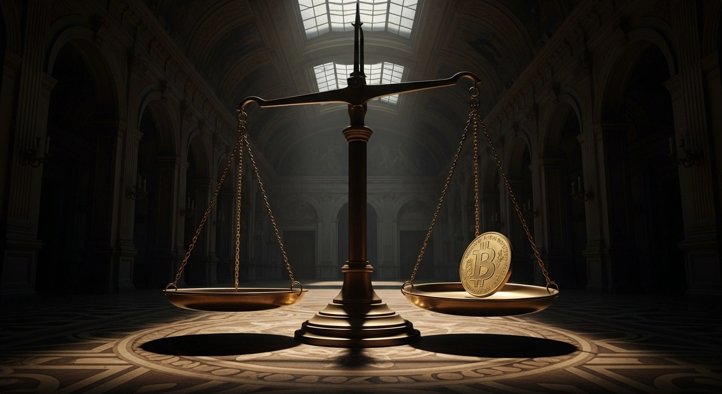 A dimly lit, grand hall features a large, antique brass scale heavily tipped downwards on one side, with a single gold coin precariously balanced on the edge of the elevated pan, symbolizing France's sovereign credit rating downgrade from 'AA-' to 'A+' and its uncertain fiscal and debt outlook, as discussed by Fitch Ratings.