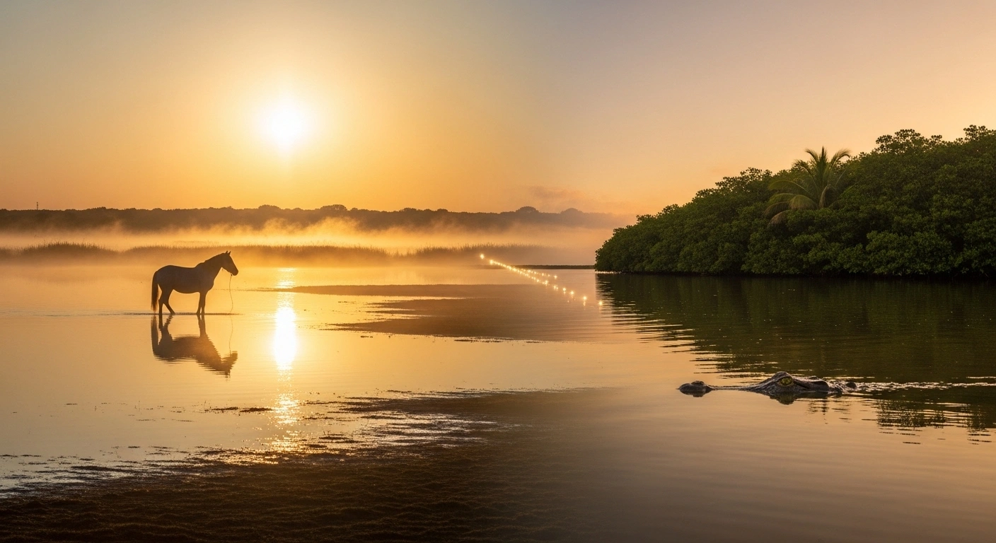 A photorealistic image symbolically depicting the cooperation agreement between France and Cuba, showing a split scene with a white horse in the misty Camargue wetlands on one side and a crocodile in a vibrant Cuban mangrove forest on the other, representing the linking of their UNESCO-recognized biosphere reserves for scientific exchange, biodiversity conservation, and socioeconomic development.