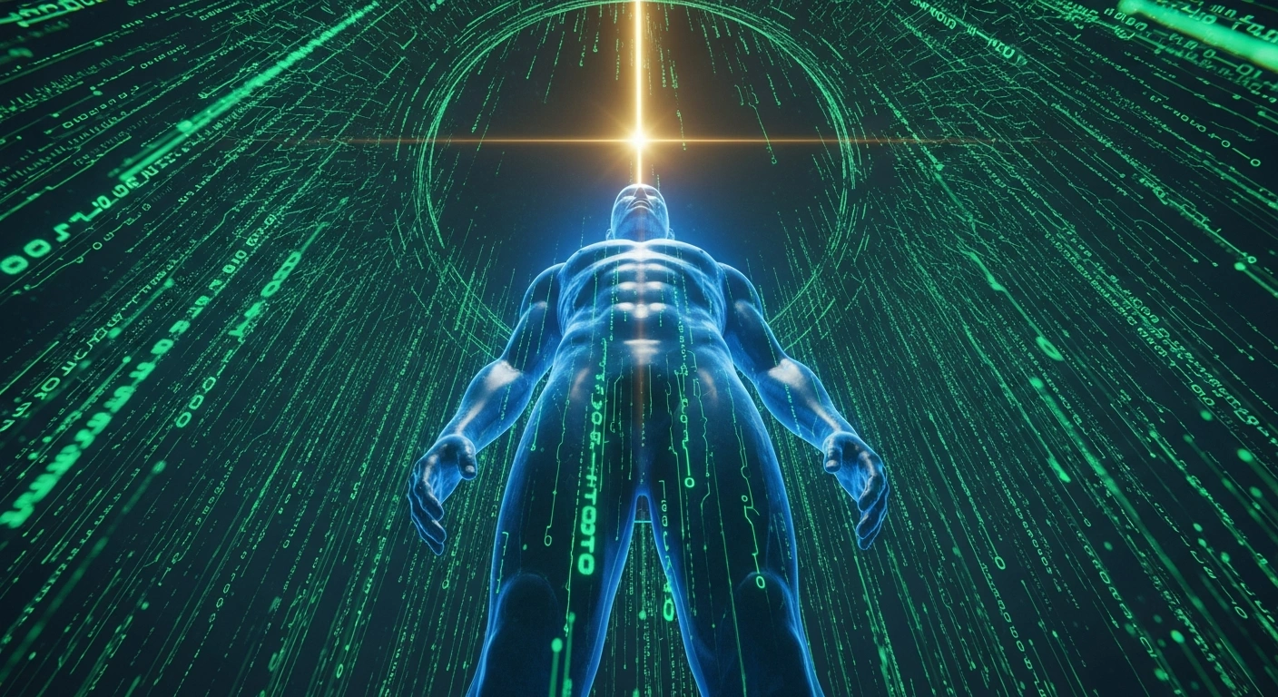 A powerful, stylized figure representing France's National Cybersecurity Strategy 2026-2030 stands resolute amidst swirling digital data streams, symbolizing the nation's aim to be a leading cyber power, address workforce shortages, and strengthen resilience against evolving digital threats.